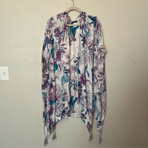 Ellen Tracy Floral Kimono Kaftan Purple Blue Beach Festival Rave Feminine XL